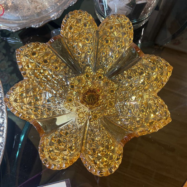 L.E. Smith Daisy & Button Pattern Amber Glass Pedestal Compote Bowl