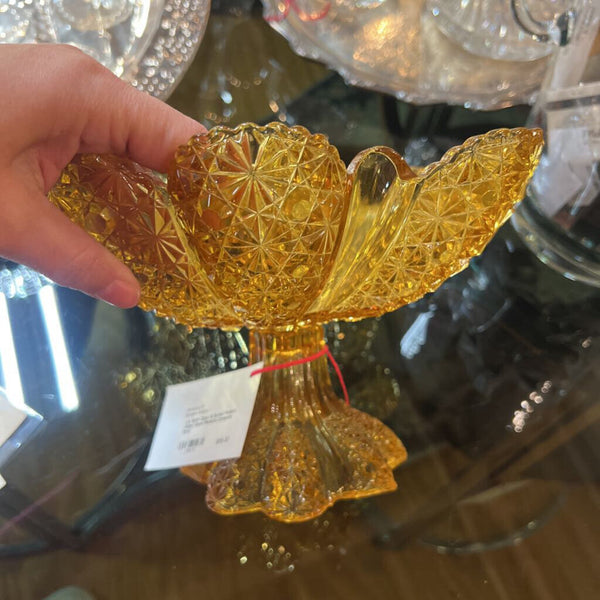 L.E. Smith Daisy & Button Pattern Amber Glass Pedestal Compote Bowl