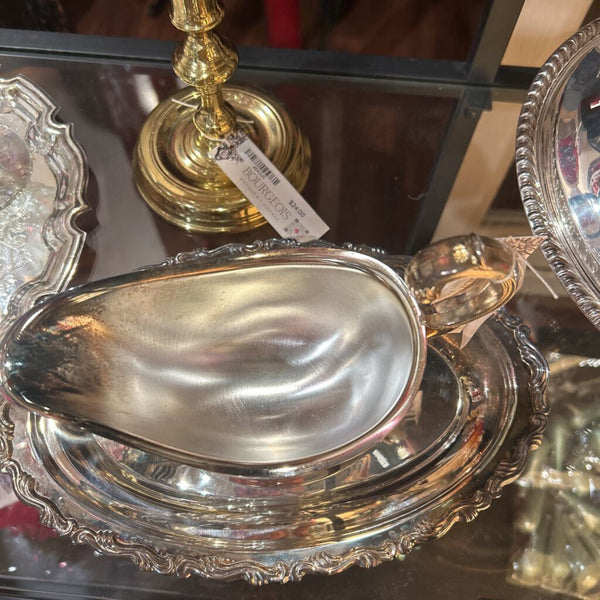 Georgian Scroll Gravy Boat and Tray Silver Plate