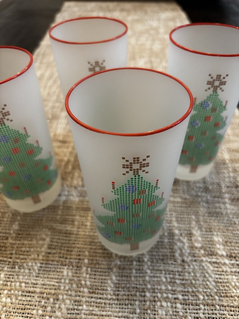 Set of 6 Vintage Frosted Pixel Christmas Tree Glasses