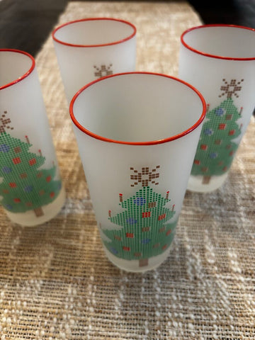 Set of 6 Vintage Frosted Pixel Christmas Tree Glasses
