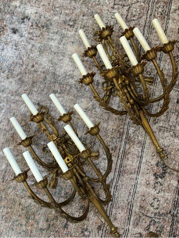 Pair of Antique Brass Lighted Candelabra Sconces (as found)