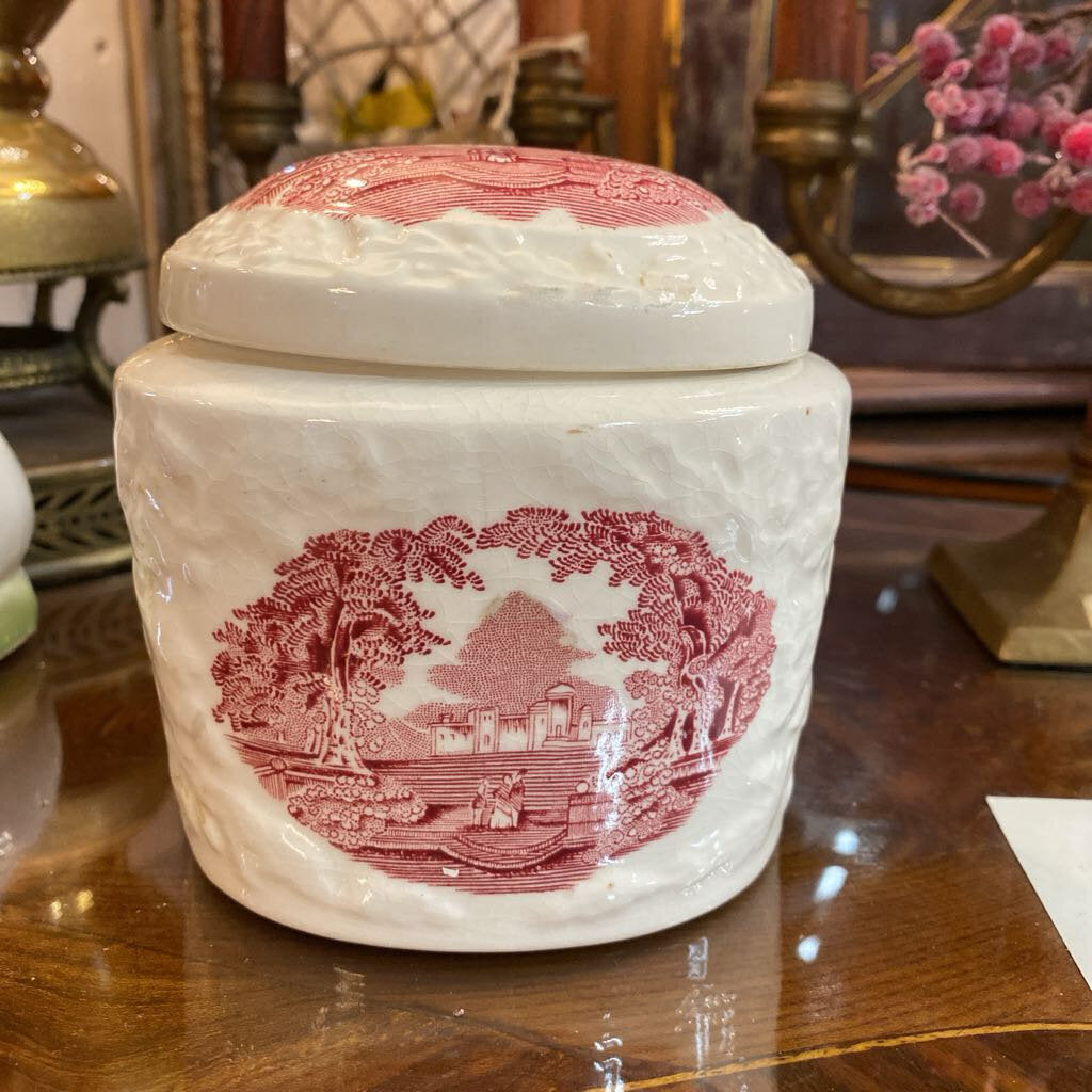 Vintage Red and White Vessel w/ Lid