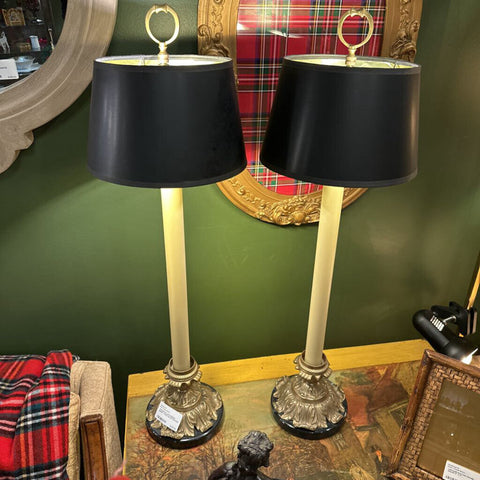 PAIR BRASS AND MARBLE BUFFET LAMPS, BLACK SHADES IN STORE PICKUP ONLY