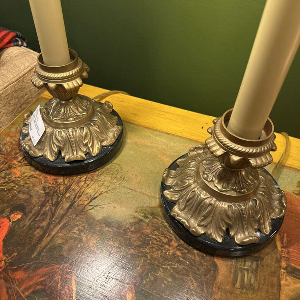 PAIR BRASS AND MARBLE BUFFET LAMPS, BLACK SHADES IN STORE PICKUP ONLY