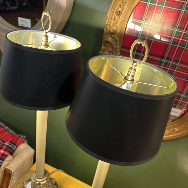 PAIR BRASS AND MARBLE BUFFET LAMPS, BLACK SHADES IN STORE PICKUP ONLY