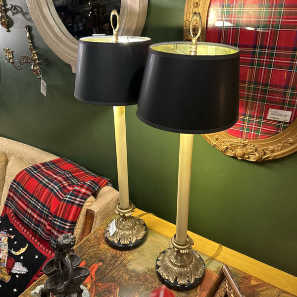 PAIR BRASS AND MARBLE BUFFET LAMPS, BLACK SHADES IN STORE PICKUP ONLY
