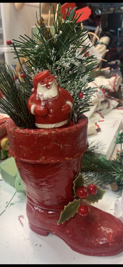 Vintage paper mache boot with Santa and greens