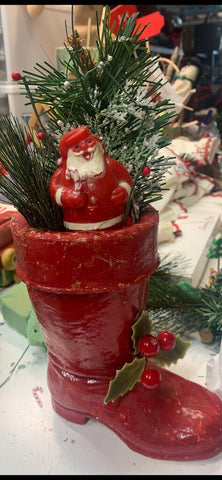 Vintage paper mache boot with Santa and greens