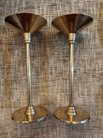 Modernist Brass Candlesticks Made In India 10.5H