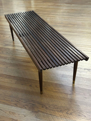 VINTAGE MID CENTURY SLAT COFFEE TABLE, AS FOUND. 60"W x 17 1/4" D x 15"H IN STORE PICKUP ONLY (SWOON)