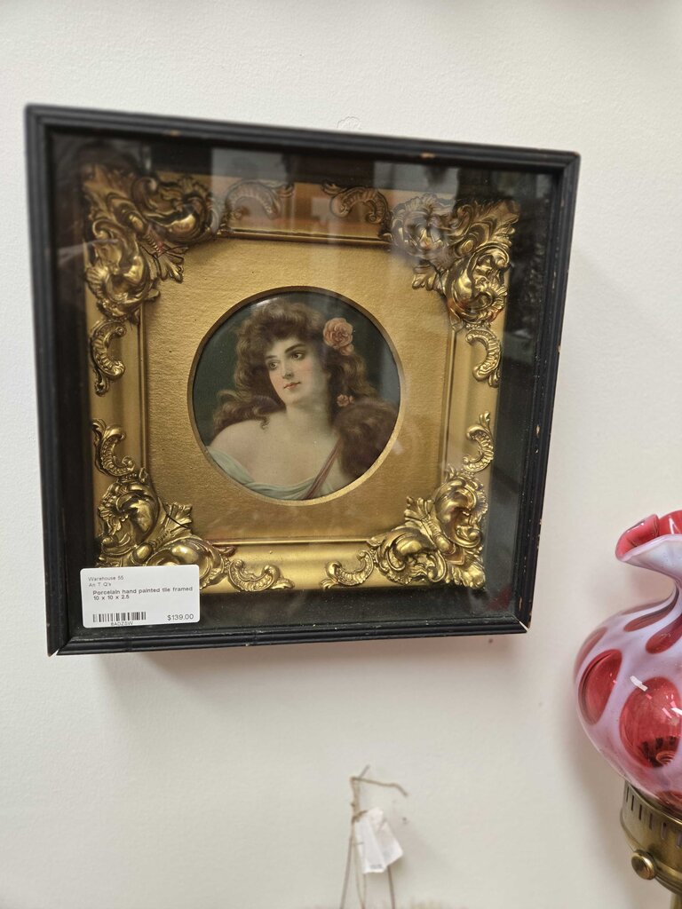 Porcelain hand painted tile framed 10 x 10 x 2.5