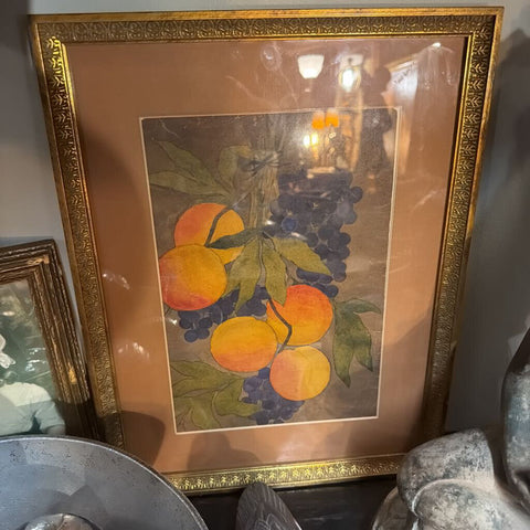 Vintage gilt framed watercolor of peaches