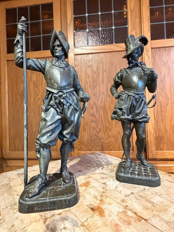 Pair of Bronze sculptures of Ligueur and Huguenot, signed and dated 1847 by Armand Jules Le Veel (as-found/crack in Huguenot's right shoulder!)