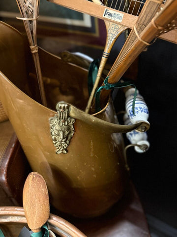 Copper scuttle with porcelain delft handles