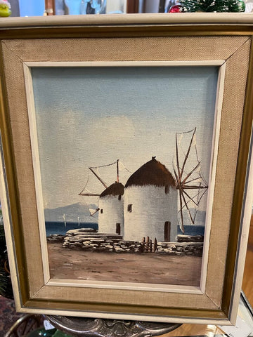 Vintage painting Windmill of Mykonos framed