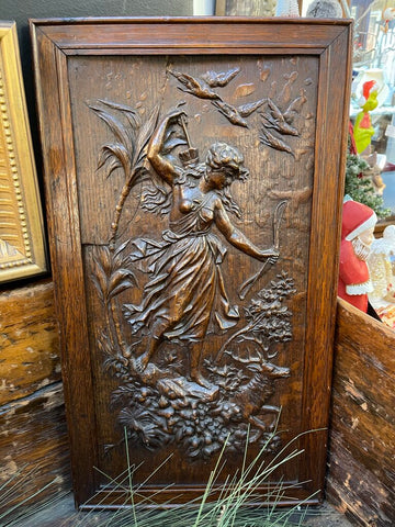 ANTIQUE BLACK FOREST HAND CARVED HUNTER/DEER FRAMED PANEL AS IS