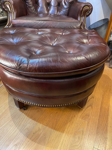 Hancock and Moore, leather tufted chair and ottoman with nail heads as is IN STORE PICK UP ONLY