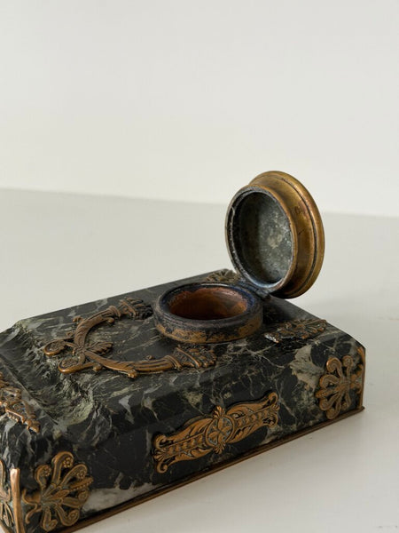 0469 Antique French Empire Green Marble & Bronze Inkwell