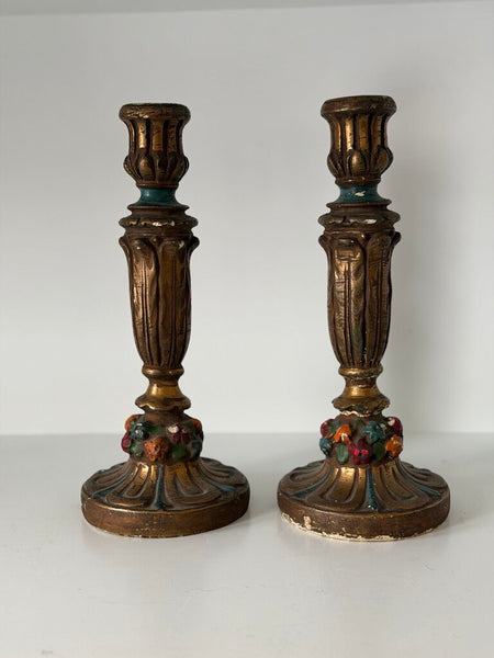 0965 Antique hand painted plaster candle holder pair