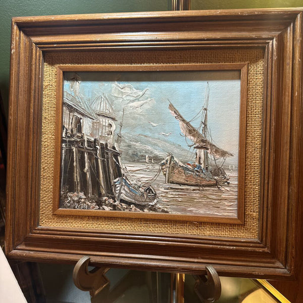 FRAMED VINTAGE HARRBORSCAPE, OIL ON BOARD, SIGNED 15 1/4" X 13 1/4"