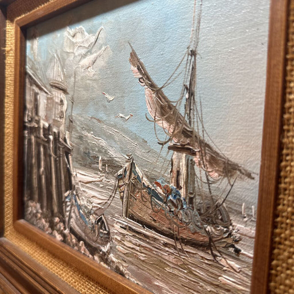 FRAMED VINTAGE HARRBORSCAPE, OIL ON BOARD, SIGNED 15 1/4" X 13 1/4"
