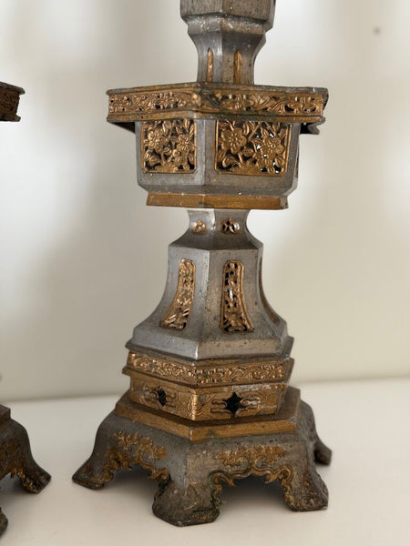 0304 19th Century Very Heavy Pewter Chinese Candle Holder Pair