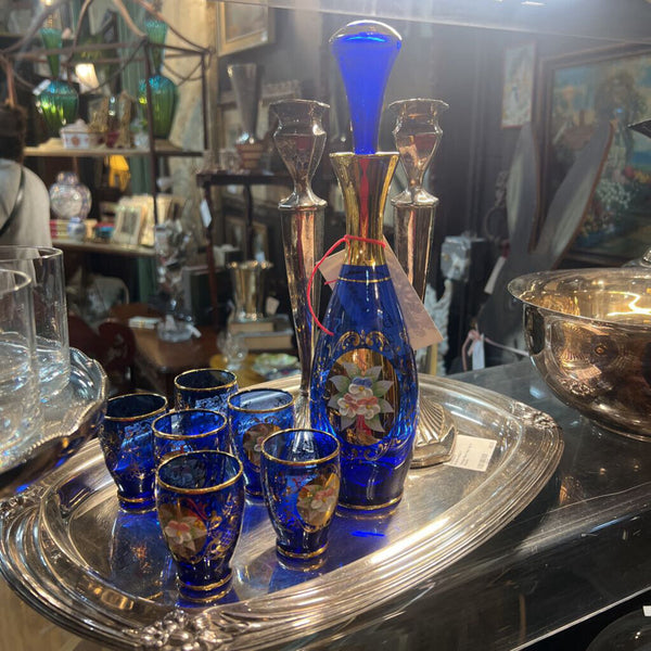 Vintage Cobalt Murano Glass Decanter & 6 Glasses