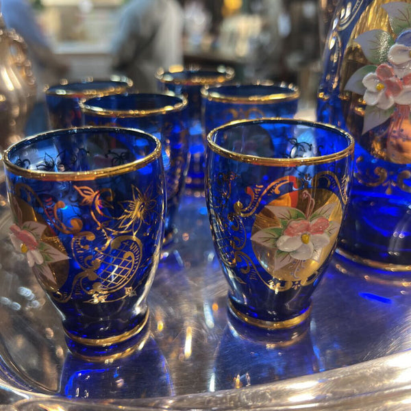 Vintage Cobalt Murano Glass Decanter & 6 Glasses