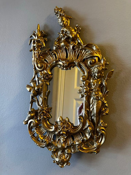GOLD ROCOCO MIRROR, WOMAN, CHRUB, BIRDS