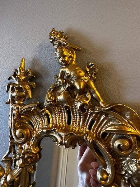 GOLD ROCOCO MIRROR, WOMAN, CHRUB, BIRDS