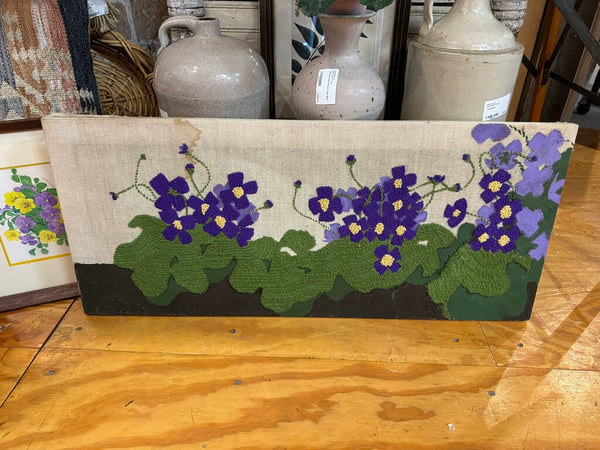 Needlework violets (as found) 32" x 14"
