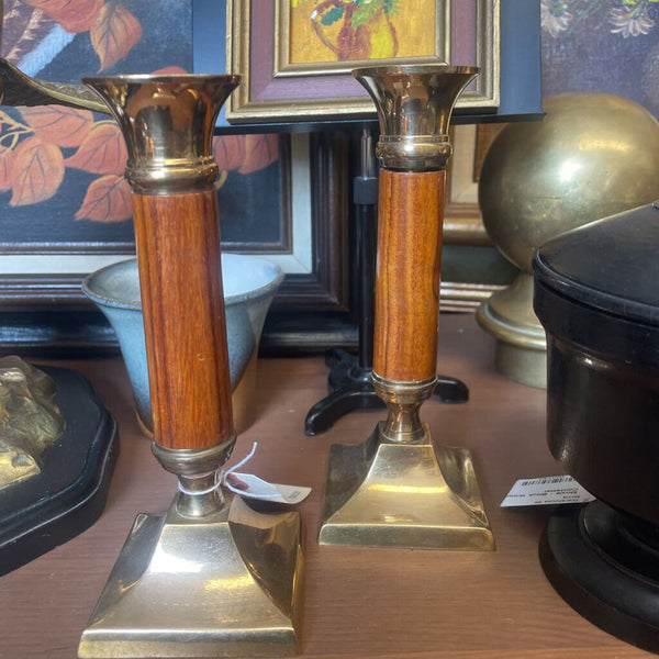 Moxie - Pair of Brass and Wood Candlesticks - 6.5"