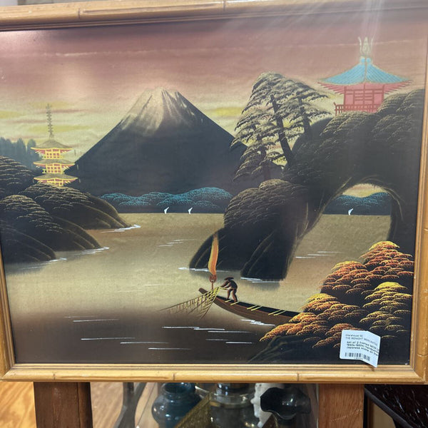 set of 2 framed MCM (circus 1940s-1950s) handpainted Asian Japanese scene on linen