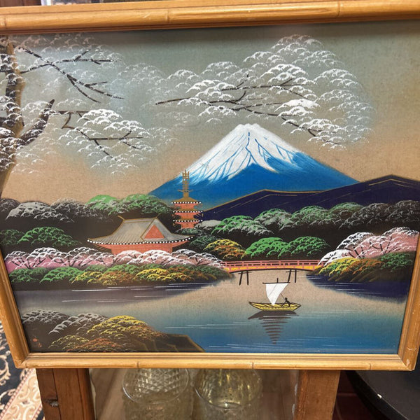 set of 2 framed MCM (circus 1940s-1950s) handpainted Asian Japanese scene on linen