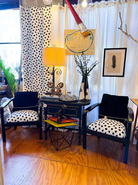 Retro black chairs with new polka dot upholstery (pair) in store pick up only as found