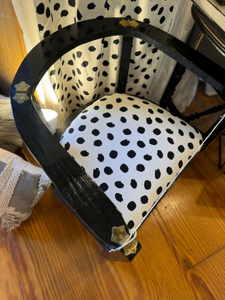 Retro black chairs with new polka dot upholstery (pair) in store pick up only as found