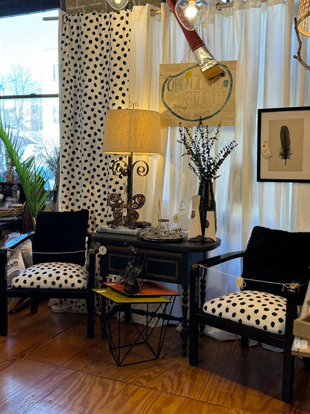 Retro black chairs with new polka dot upholstery (pair) in store pick up only as found