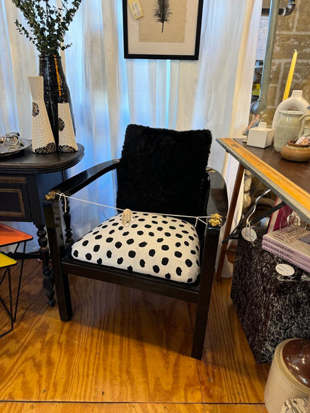 Retro black chairs with new polka dot upholstery (pair) in store pick up only as found