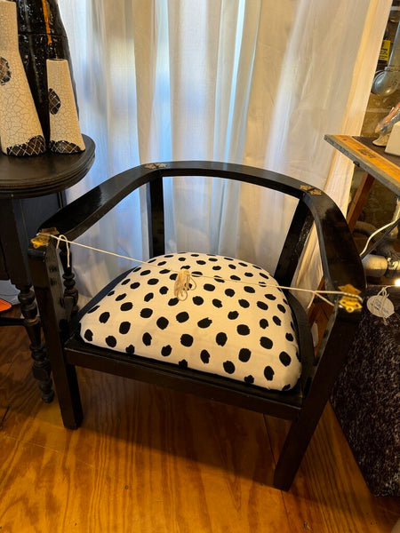 Retro black chairs with new polka dot upholstery (pair) in store pick up only as found