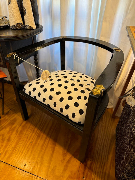 Retro black chairs with new polka dot upholstery (pair) in store pick up only as found