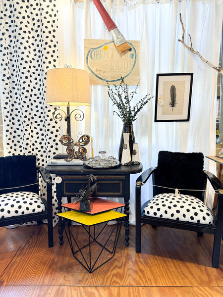Retro black chairs with new polka dot upholstery (pair) in store pick up only as found