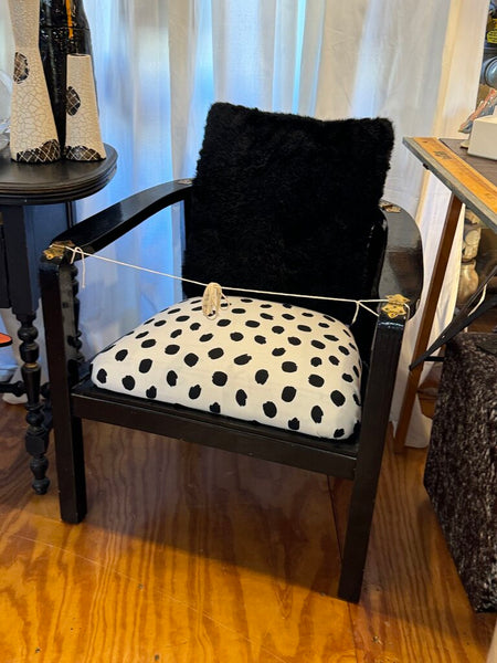 Retro black chairs with new polka dot upholstery (pair) in store pick up only as found