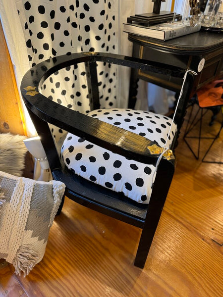 Retro black chairs with new polka dot upholstery (pair) in store pick up only as found