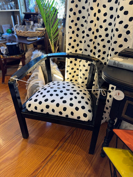 Retro black chairs with new polka dot upholstery (pair) in store pick up only as found