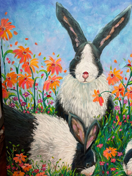 Bunnies acrylic painting signed (40" tall) in store pick up only