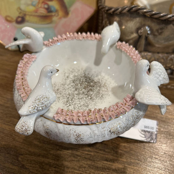 VINTAGE NAPEO CERAMIC BIRD BATH WITH DETACHABLE DOVES MADE IN JAPAN 5.5 x 4.5