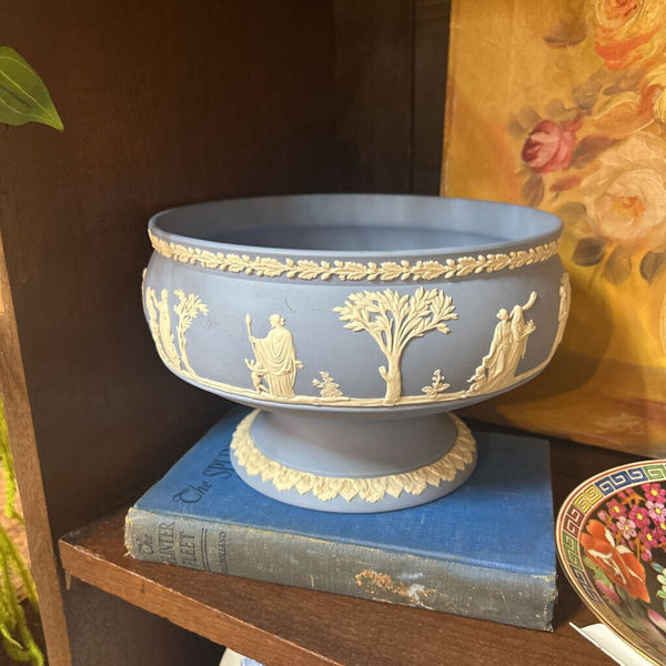 Vintage Wedgewood Blue Jasperware Footed Pedestal Bowl