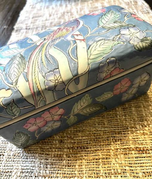 Vintage Bird of Paradise Blue Ceramic Box 8.5W x 4H