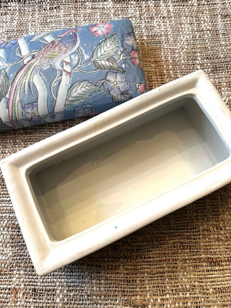 Vintage Bird of Paradise Blue Ceramic Box 8.5W x 4H